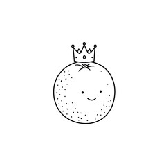 Cartoon Orange with Crown Smiling Citrus Royalty in Black and White Line Art