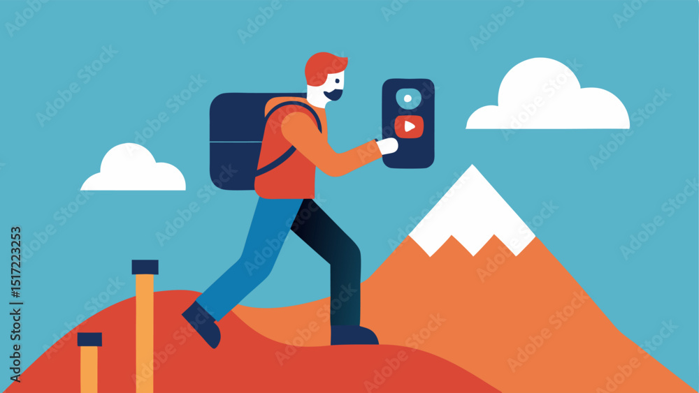 Poster hiking scene a person trekking up a hill wearing a backpack with a biomarker tracker clipped to it d