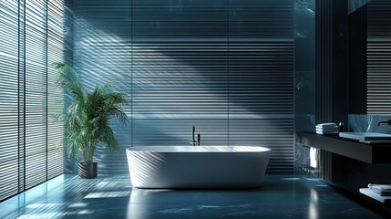 Modern bathroom interior with sunlight streaming through blinds.
