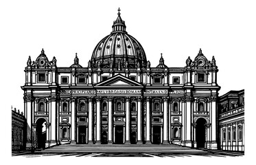 Detailed Engraving of St Peter's Basilica with Dome and Facade in Black and White