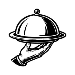 Fototapeta premium Illustration of a Hand Holding Silver Food Serving Dome Cloche Lid in Black and White