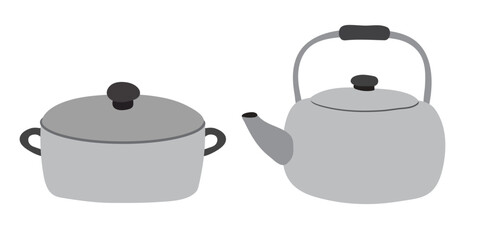 Simple Gray Cooking Pot and Kettle Illustration. Vector design elements.