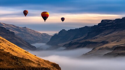 Fototapeta premium Colorful hot air balloons soaring over a misty valley at sunrise, showcasing natural beauty