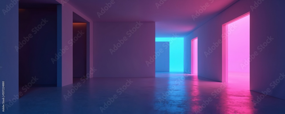 Poster abstract 3d render geometric background. empty room illuminated with neon ultraviolet light. minimal