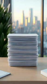 A stack of digital resumes floating above a modern office desk, peaceful industrial skyline in the background, minimalistic, 3D render, top view.