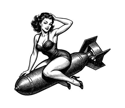 Pinup Woman Sitting on Bomb, Retro Style Black and White Engraving Illustration