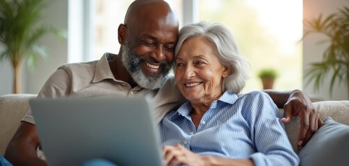 Fototapeta premium Happy senior couple hug, enjoy laptop on sofa at home. Elderly man, woman relax, smiling looking screen. Online shopping, streaming service, social media, or video call concept.