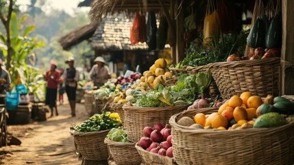 Colorful Fresh Produce in Woven Baskets at an Outdoor Market