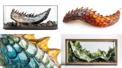 Four close-up shots showcase meticulously crafted dragon tail segments; two encased in glass display 