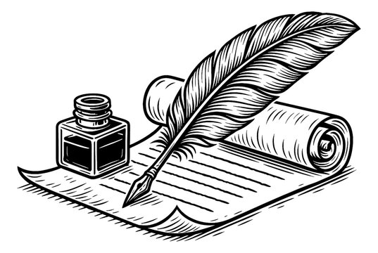 Illustration of quill pen inkwell and scroll on paper in detailed line art drawing