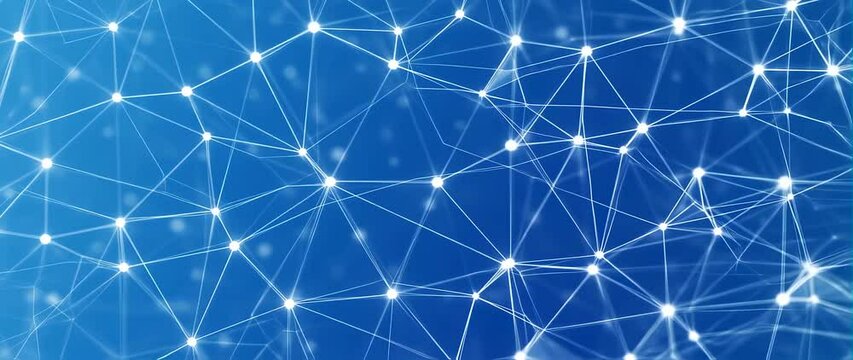 Anamorphic video Conceptual modern futuristic geometric, abstract net with dots and triangle shapes on a bright blue cyberspace background 