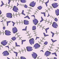 Seamless pattern with purple fish skeleton in flat style, on light purple background, suitable for print and wallpaper