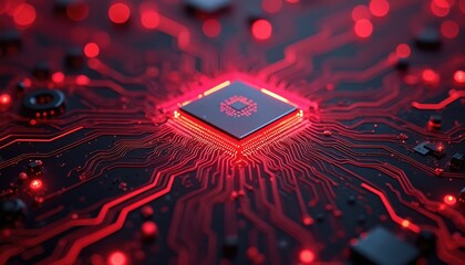 Intricate illustration of red electronic circuit board. Fine high-quality light paths are woven throughout design. CPU is at center. Tech, science, engineering concept, digital component, mainboard.