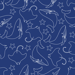 A seamless pattern featuring white outlines of whales, stingrays, and starfish on a dark blue background