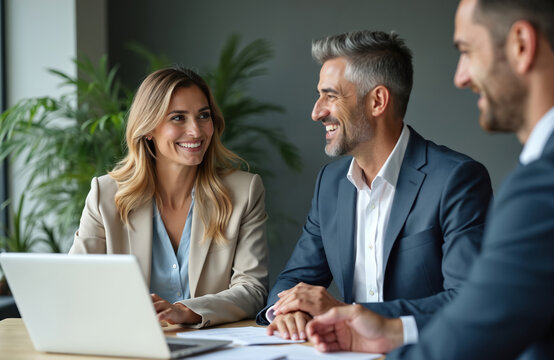 Smiling business people, colleagues, executives in suits at meeting. Teamwork, partnership, discussion, using laptop in modern office. Happy, positive atmosphere, corporate environment, success. - Powered by Adobe