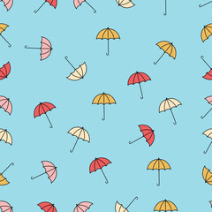 Seamless Pattern With Pastel Style Umbrellas, on a light blue background, for print or wallpaper