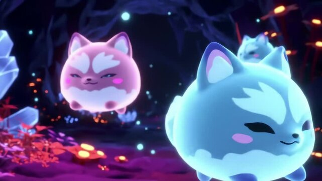 Three stylized floating foxlike creatures in a neonlit cave