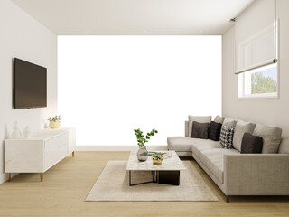 Modern Living Room Wall Mockup with Gray Sofa and Marble Coffee Table – PNG transparent background – 3D render