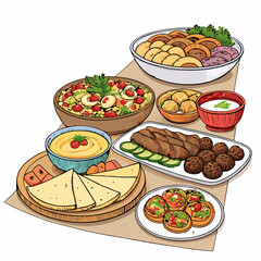 Create a bold vector illustration of a lavish feast table overflowing with food, emphasizing thick outlines and strong contrasts.  Include abundant detail.