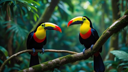 Obraz premium Vibrant Keel-billed Toucans Perched on a Branch in Lush Rainforest