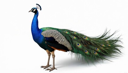 Fototapeta premium Proud peacock displaying vivid feathers against white background. Bird has beautiful green, blue and black colors and unique pattern. Ideal for wildlife, nature themes.