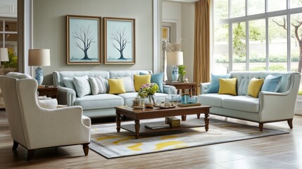 Stylish living room set with light teal and beige upholstery.