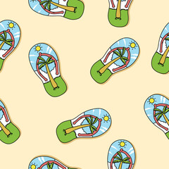 seamless pattern with flip flops with palm tree print in summer, suitable for printing and wallpaper