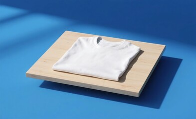 White round-neck t-shirt laid flat on light wood platform with bold blue background in studio lighting