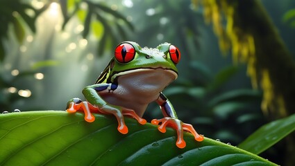 Vibrant Red-Eyed Tree Frog in Lush Rainforest Habitat