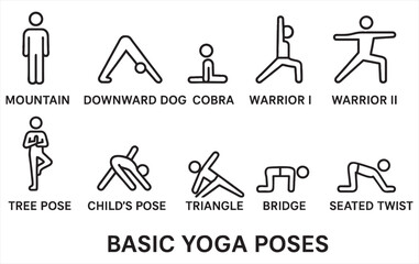 Basic Yoga Poses Icons – Black and White Vector Set for International Yoga Day