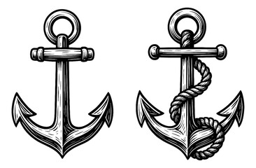 Two vintage black and white engraved anchor drawings, one with a rope around it.