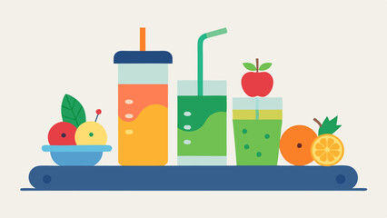 Hydration Station A stylish hydration station that features a row of colorful smoothie and juice options with fruits and vegetables arranged aesthetically highlighting the