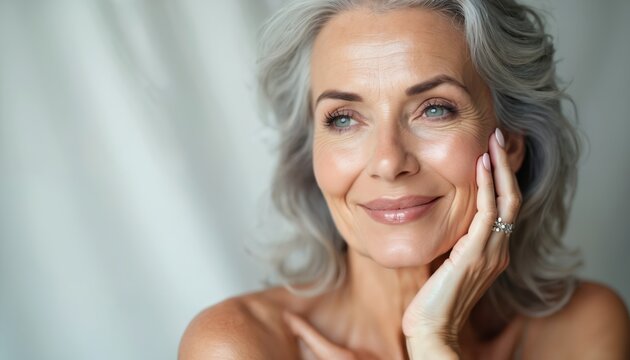 Elegant senior woman portrait with gray hair softly touching face. Neutral background highlights skincare beauty theme. Mature, confident, happy, serene, sophisticated lady with natural makeup,
