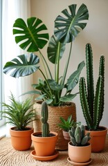 Fototapeta premium Home interior with various green plants in ceramic pots. Monstera, cactus, succulent plants creates boho living room atmosphere. Home garden hobby. Decoration with plant leaf, home design. Modern