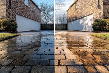 Before and after cleaning of a brick driveway showcasing the contrast between clean and dirty surfaces in a residential neighborhood during daylight