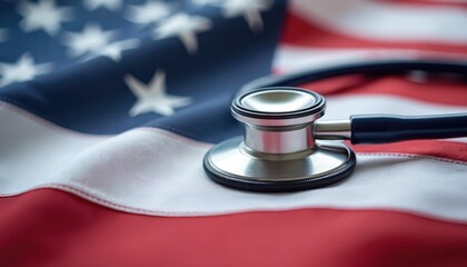 Plakat Stethoscope rests on American flag. Medical instrument on US symbol, healthcare, medicine concept. National health insurance coverage, American values. Healthcare industry, public health crisis,