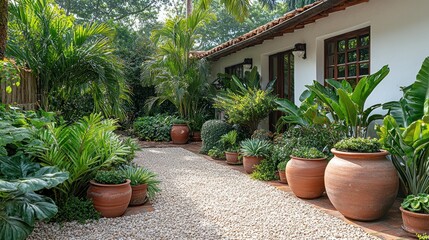 Fototapeta premium Tropical garden path leading to a white house
