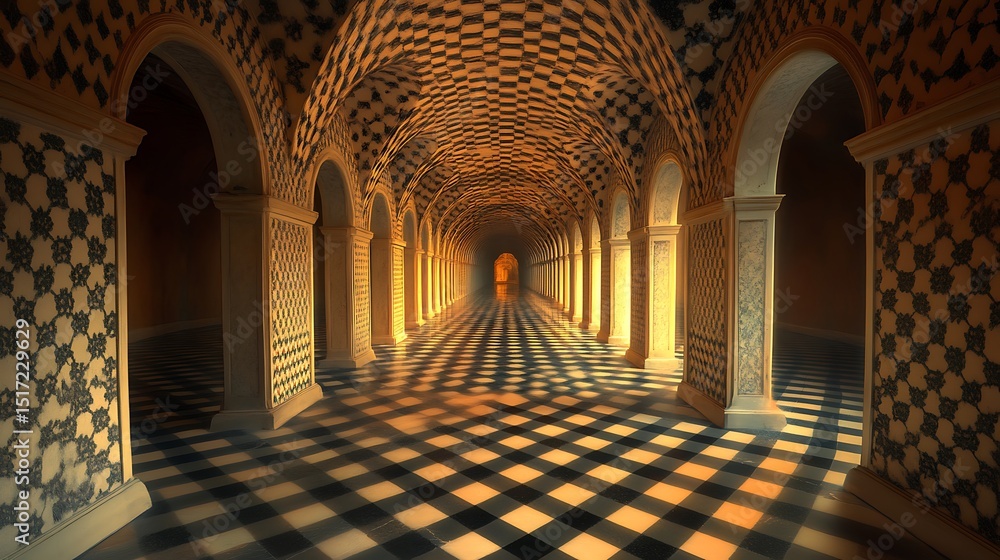 Poster endless architectural corridor featuring arches and checkered pattern reflections