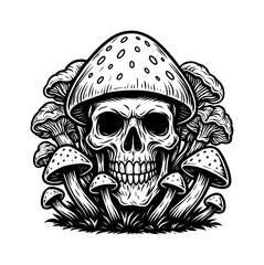 Fototapeta premium Skull with Mushroom Hat Surrounded by Fungi in Black and White Engraving Style Illustration