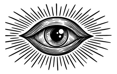 Eye with Rays Engraving Style Black and White Detailed Line Art Illustration, Isolated