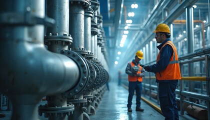 Fototapeta premium Engineers perform maintenance on robust steel valves in chemical plant. Workers wear safety gear, helmets. Industrial environment with metallic pipes. Teamwork, inspection, checking equipment. Energy
