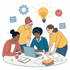 Create a bold, vector illustration of a diverse multicultural team collaborating, showcasing various ethnicities and clothing styles.