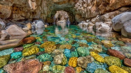 Crystal clear river flows through a cave with colorful rocks underwater landscape