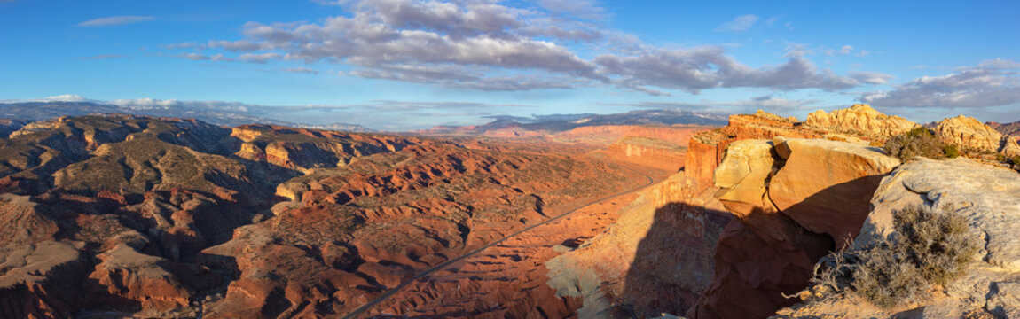 Amazing cayon scenery from atop the red cliffs of Capitol Reef National Park.  Captured on a winter early morning hike of Navajo Knobs.
