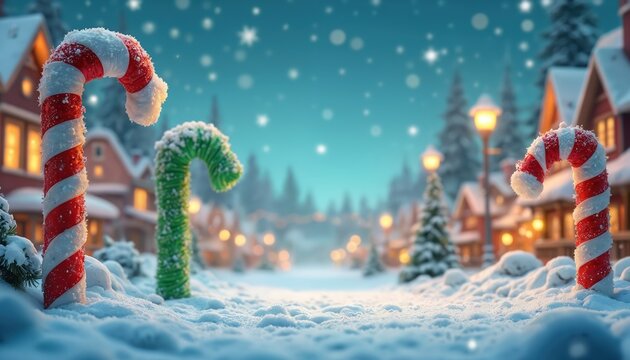 Christmas winter wonderland landscape with Whoville backdrop. Candy canes stand on snowy ground. Houses covered in snow. Festive lights. Whoville style digital illustration of Christmas season,