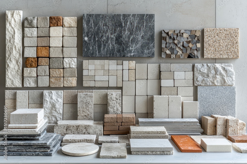 Aufkleber Variety of stone and tile samples displayed on a table in a design studio showcasing textures and colors for interior design projects