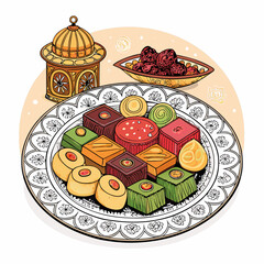 Create a vector illustration of a bold, ornate, highly detailed plate brimming with traditional Turkish treats.  Focus on strong, clean lines and vibrant colors.