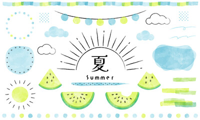 Summer frame-14　夏のあしらいセット。スイカの装飾。水彩の装飾セット。