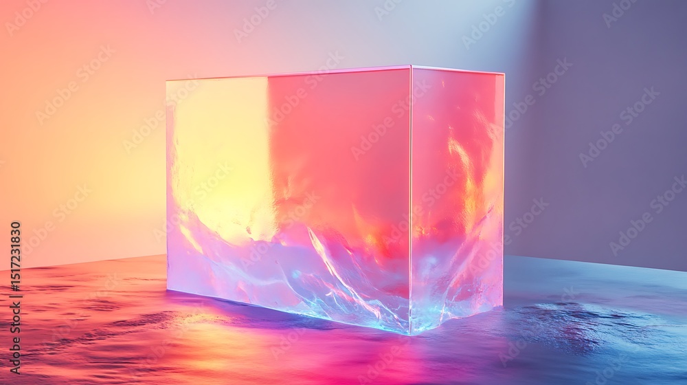 Poster luminous iridescent cube with ethereal glow, captivating conceptual artistic display