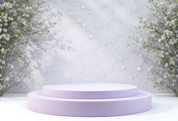 Lavender Round Podium with White Floral Arrangement on Both Sides

